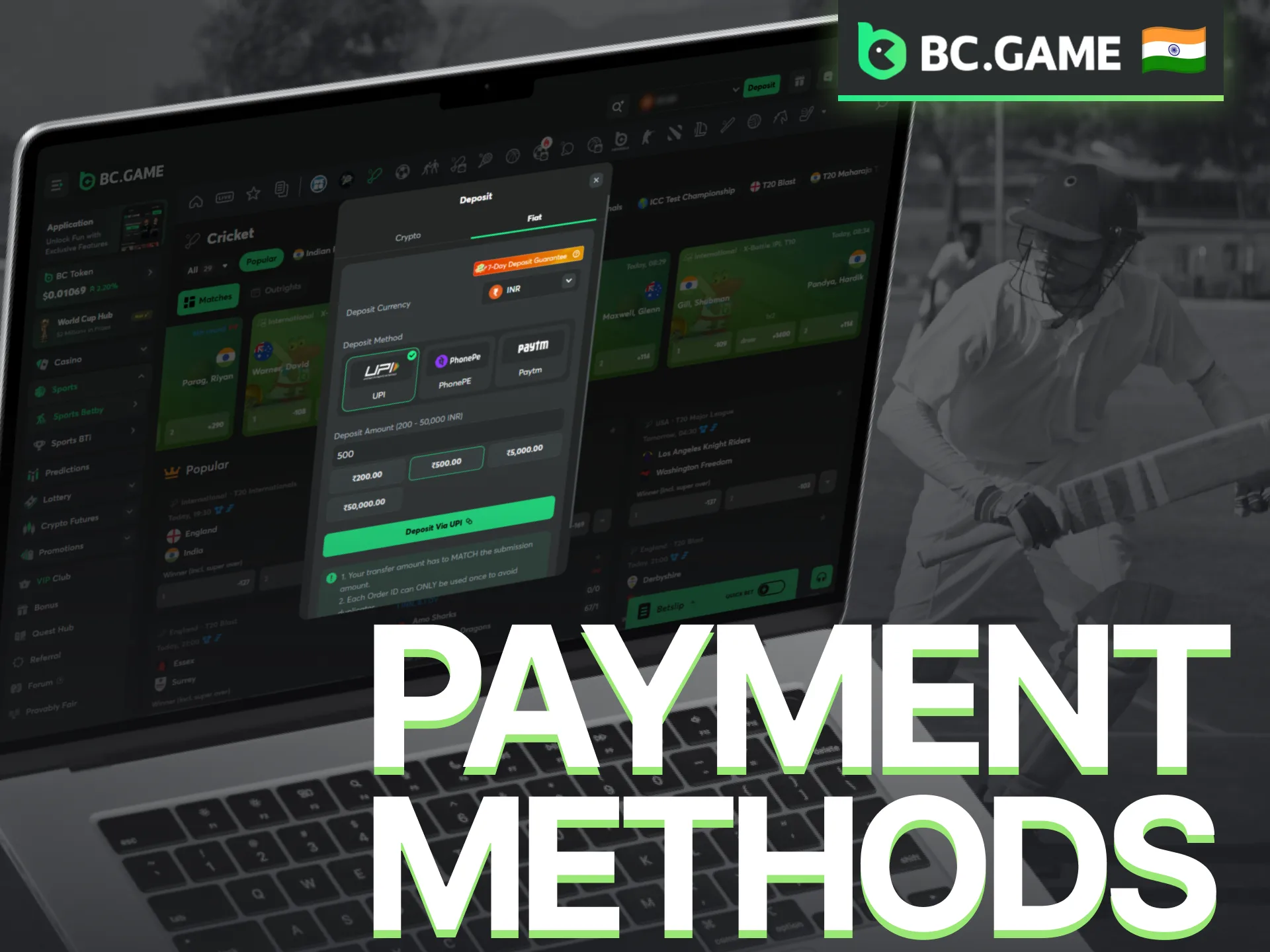 Choose from secure BC Game payment methods to fund your cricket betting account.