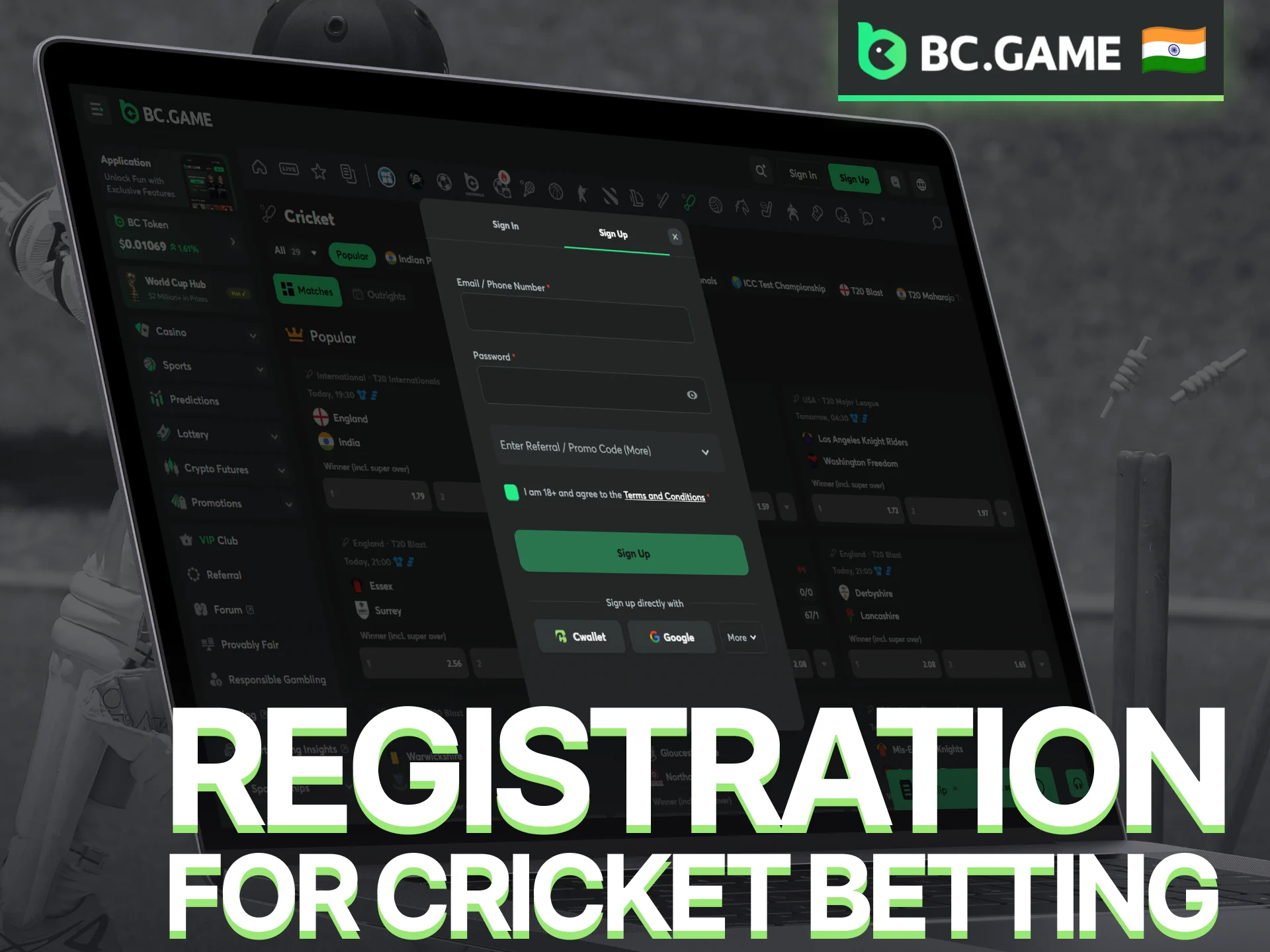 Complete the BC Game registration process to unlock cricket betting markets.