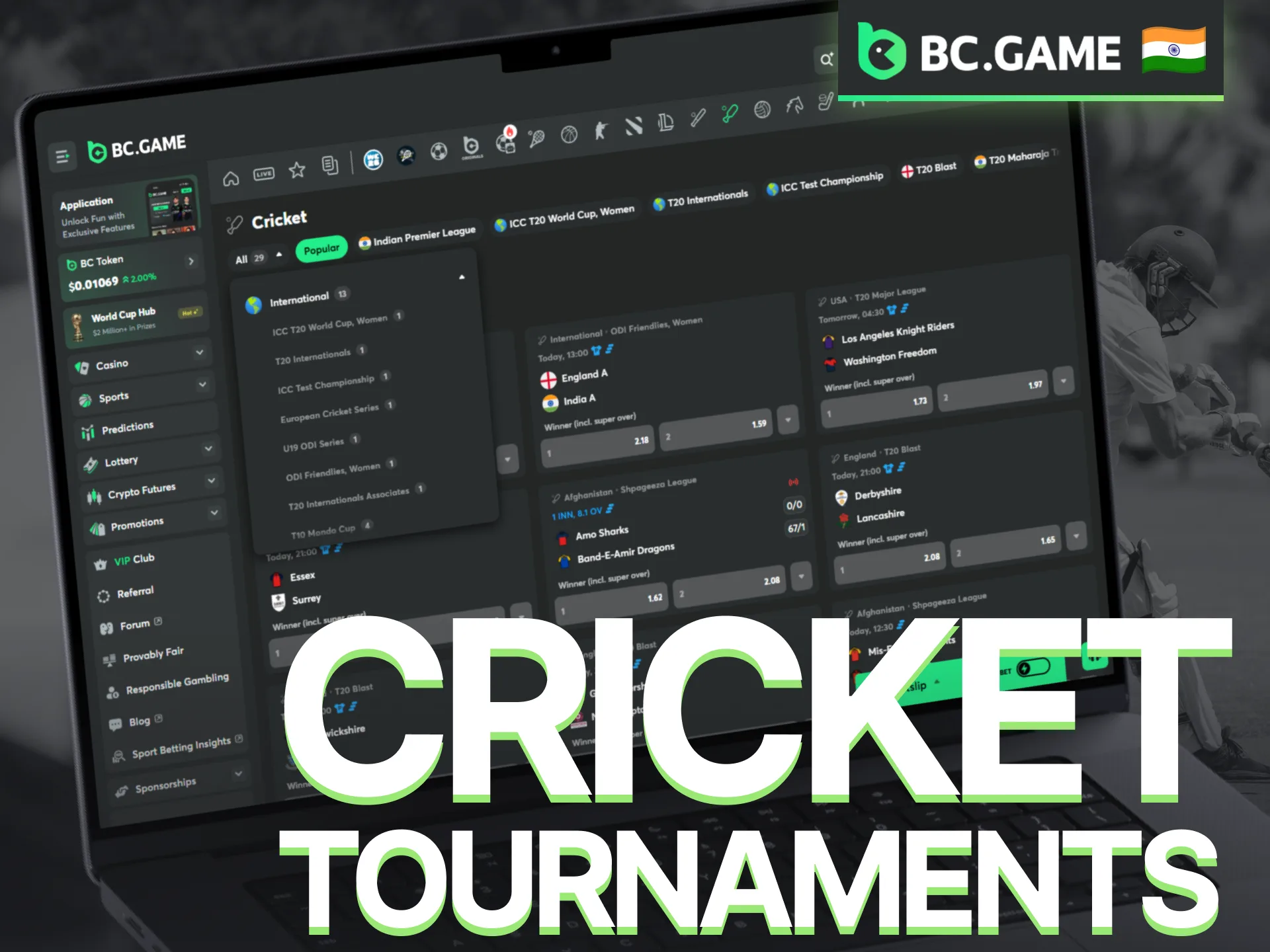 Explore major cricket tournaments featured in the BC Game betting section.